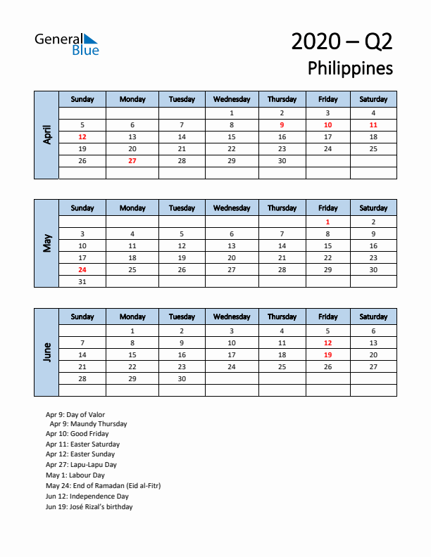 Free Q2 2020 Calendar for Philippines - Sunday Start