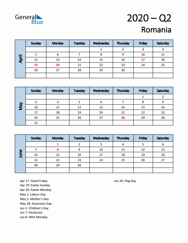 Free Q2 2020 Calendar for Romania - Sunday Start