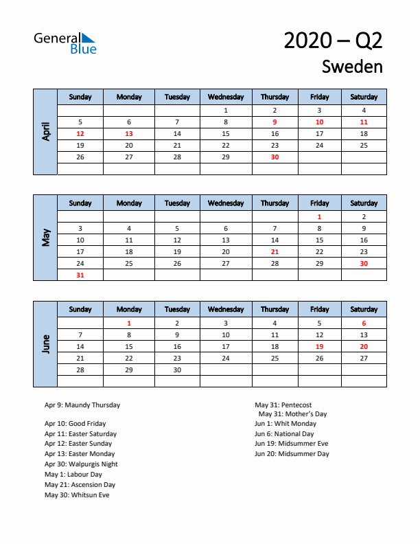 Free Q2 2020 Calendar for Sweden - Sunday Start