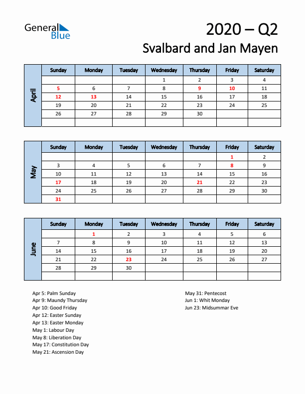 Free Q2 2020 Calendar for Svalbard and Jan Mayen - Sunday Start