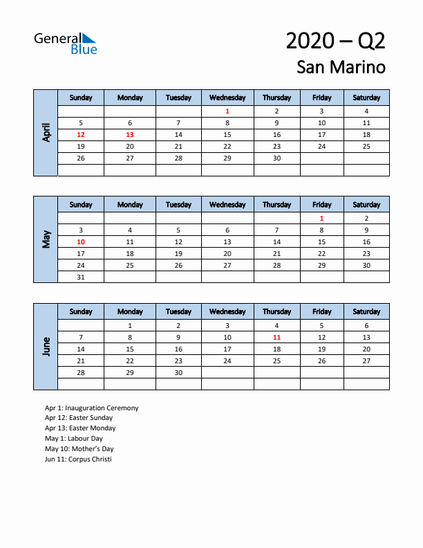 Free Q2 2020 Calendar for San Marino - Sunday Start