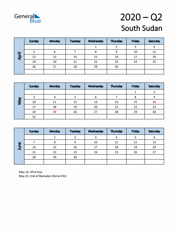 Free Q2 2020 Calendar for South Sudan - Sunday Start