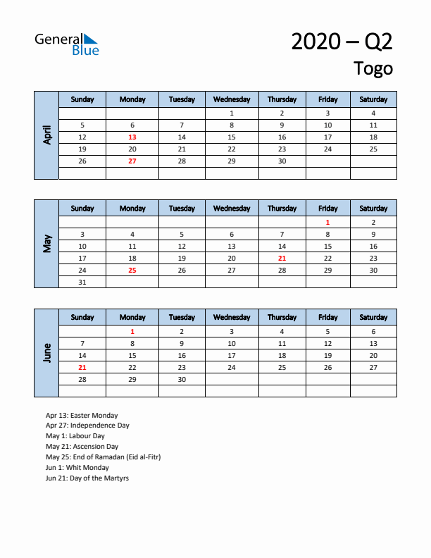 Free Q2 2020 Calendar for Togo - Sunday Start