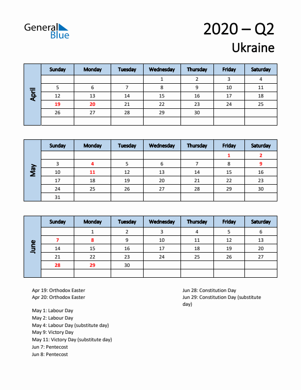 Free Q2 2020 Calendar for Ukraine - Sunday Start