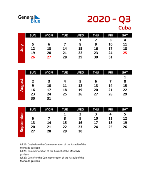  Q3 2020 Calendar with Holidays