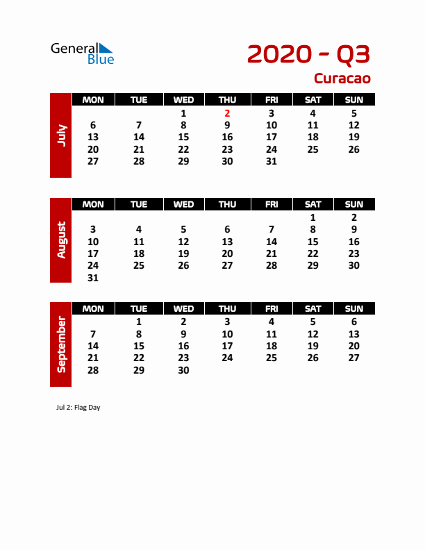 Q3 2020 Calendar with Holidays