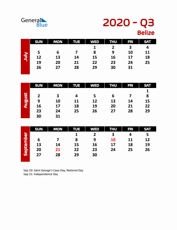 Q3 2020 Calendar with Holidays