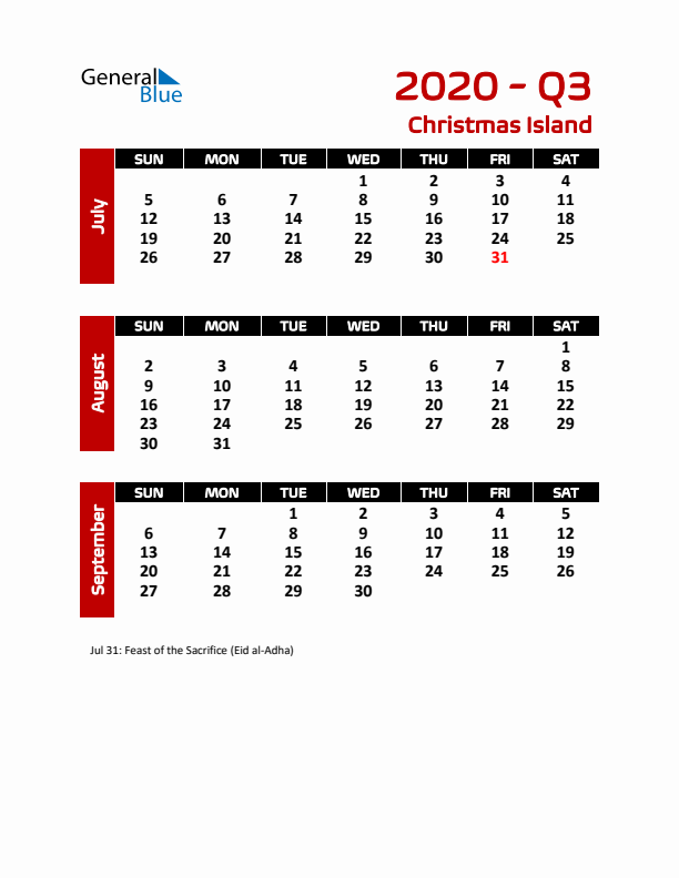 Q3 2020 Calendar with Holidays