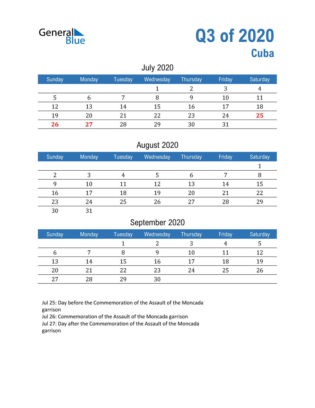  Cuba 2020 Quarterly Calendar 