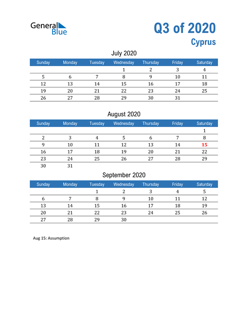  Cyprus 2020 Quarterly Calendar 