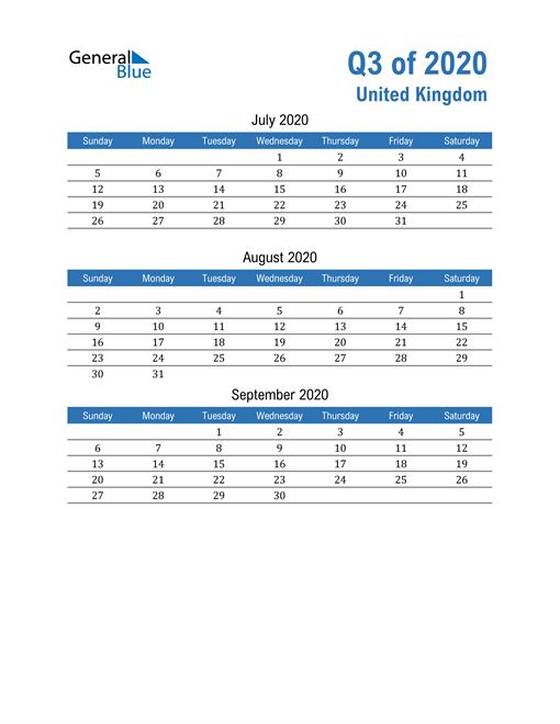  United Kingdom 2020 Quarterly Calendar 