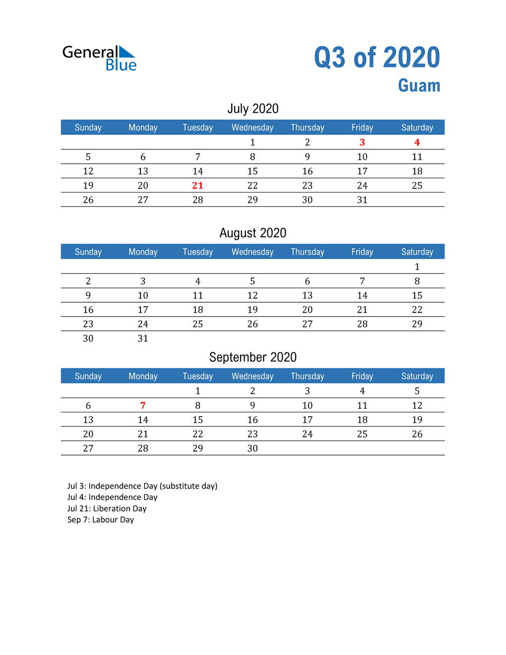  Guam 2020 Quarterly Calendar 