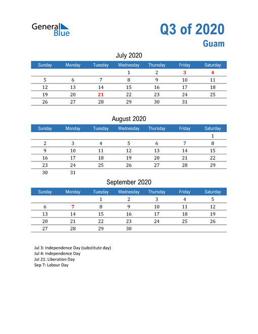  Guam 2020 Quarterly Calendar 