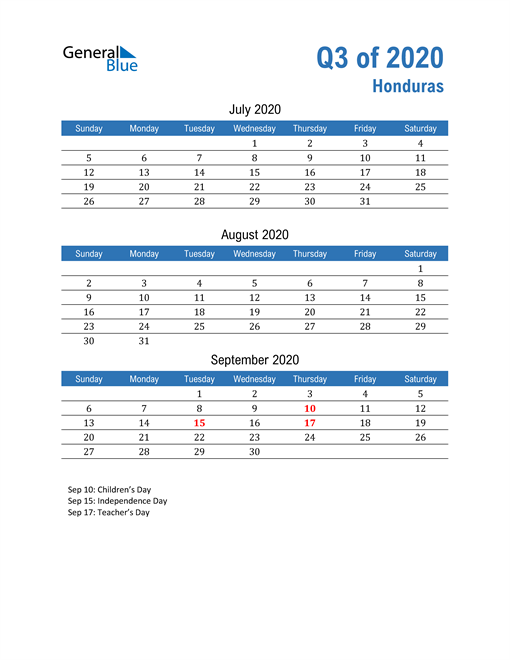  Honduras 2020 Quarterly Calendar 