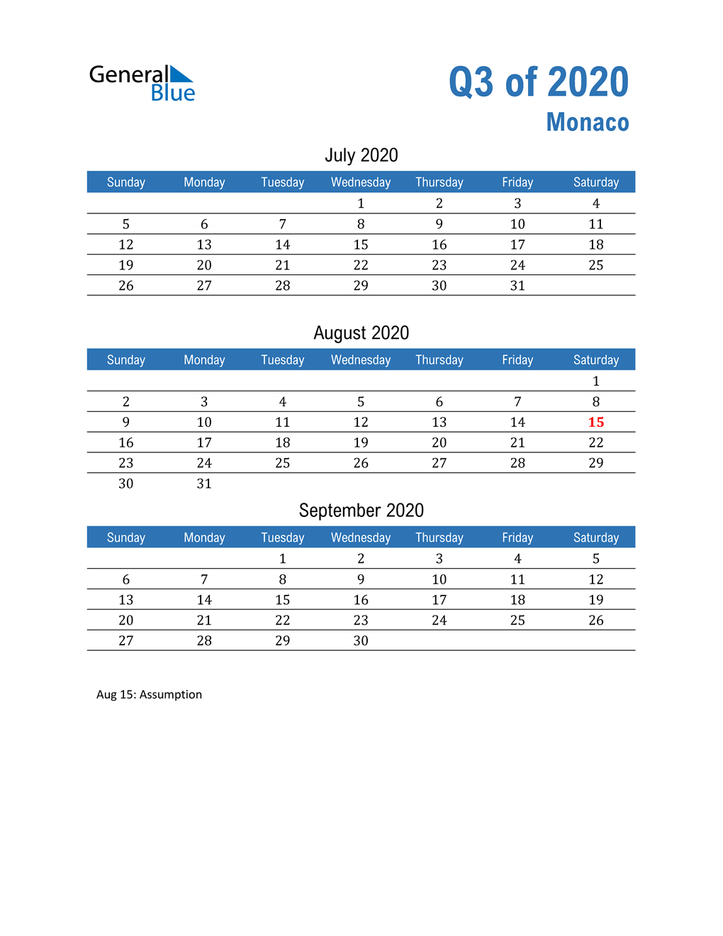  Monaco 2020 Quarterly Calendar 
