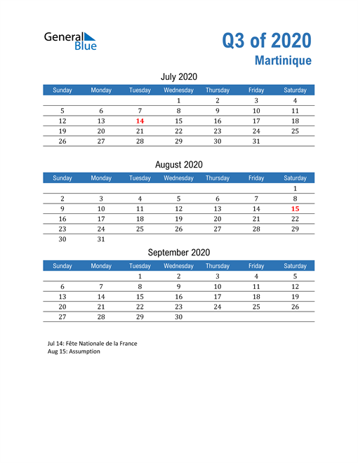  Martinique 2020 Quarterly Calendar 