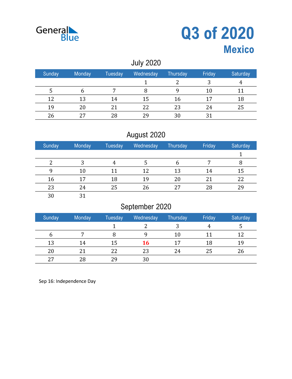  Mexico 2020 Quarterly Calendar 