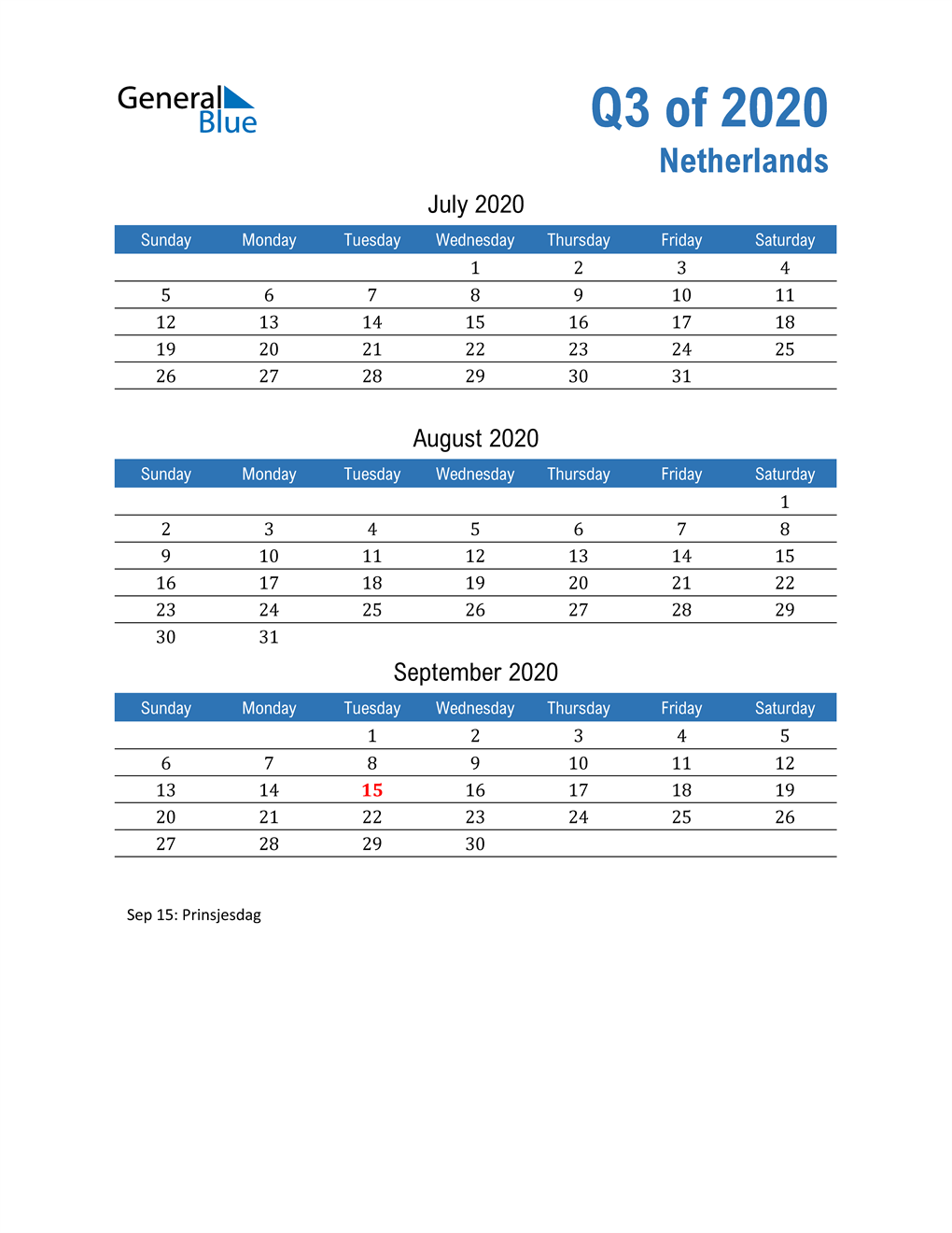  Netherlands 2020 Quarterly Calendar 