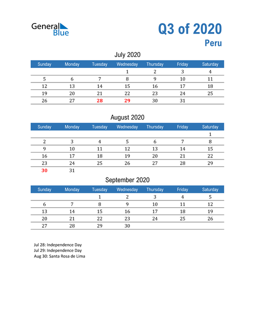  Peru 2020 Quarterly Calendar 