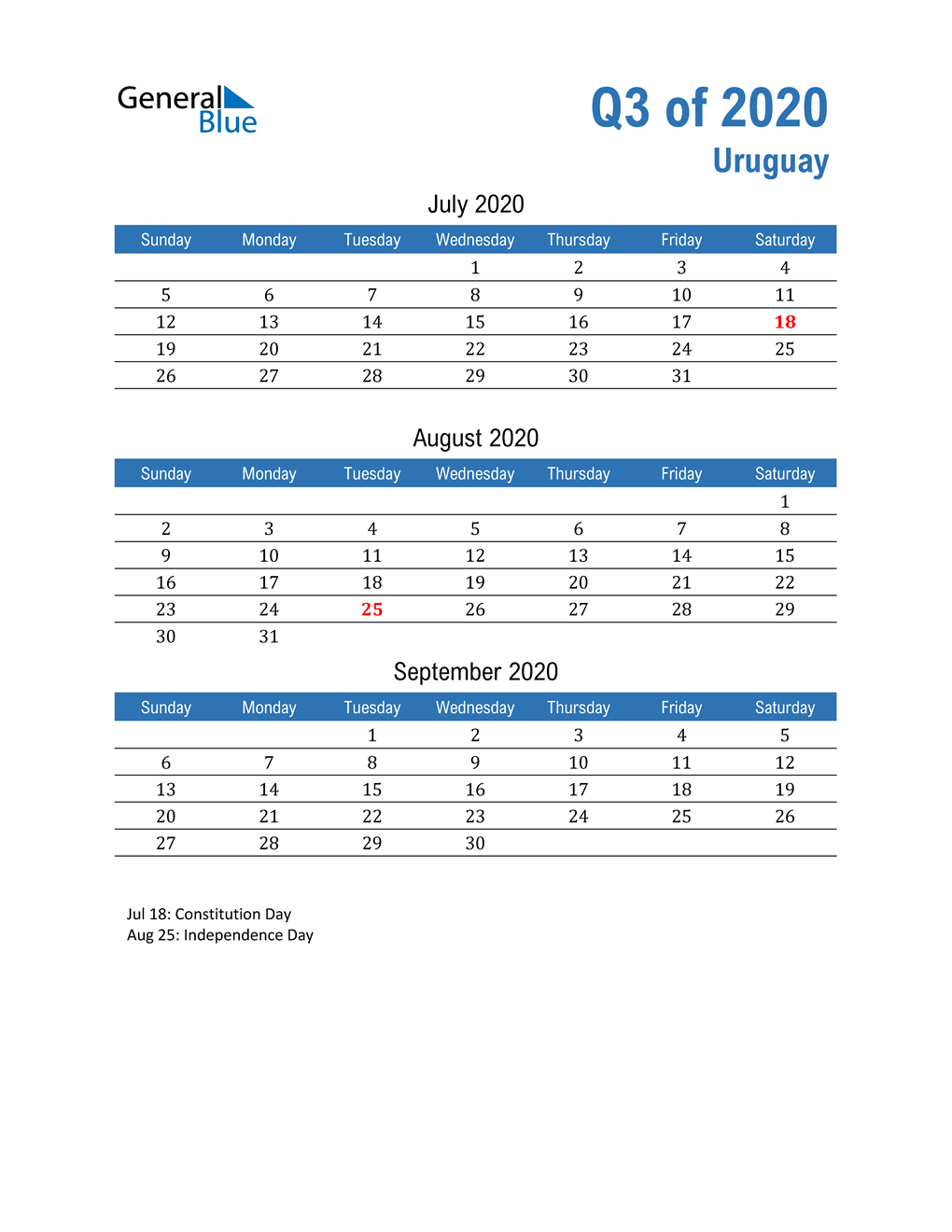  Uruguay 2020 Quarterly Calendar 