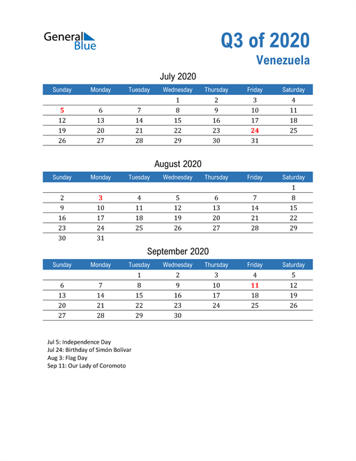  Venezuela 2020 Quarterly Calendar 