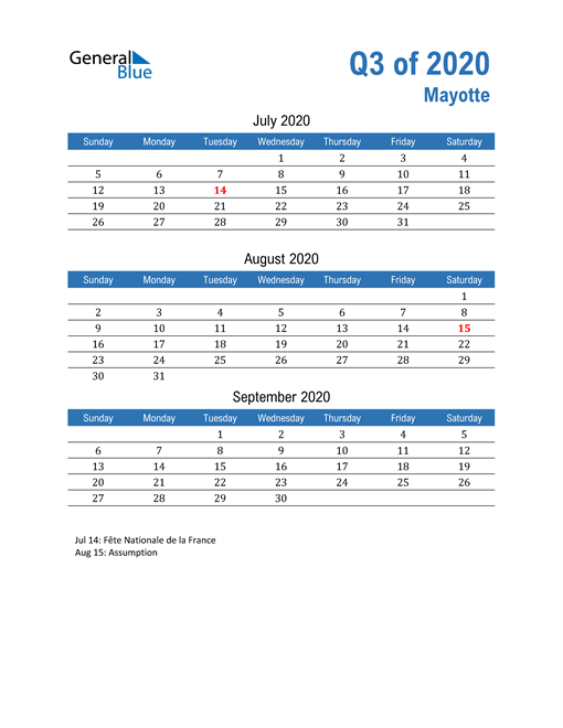  Mayotte 2020 Quarterly Calendar 