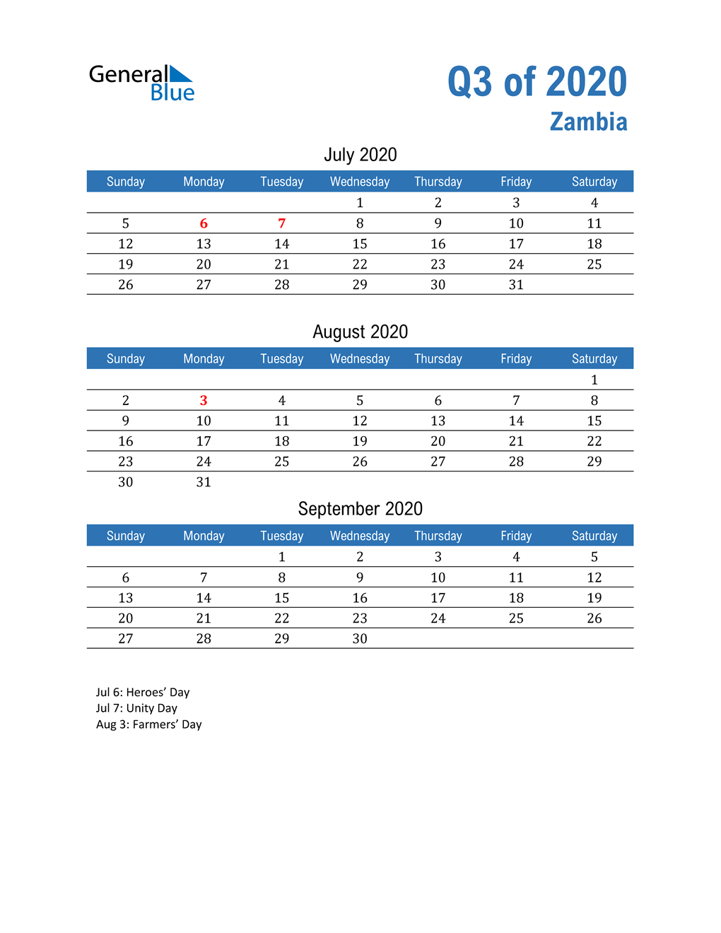  Zambia 2020 Quarterly Calendar 