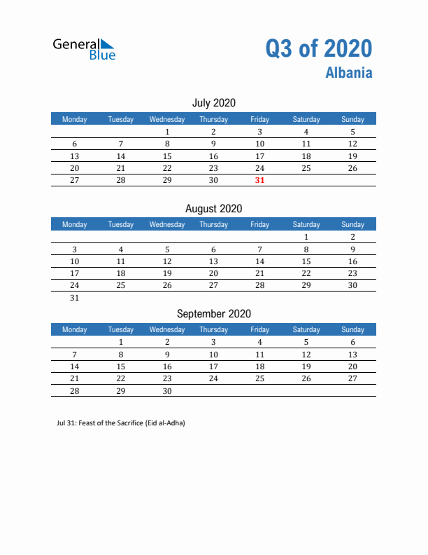 Albania 2020 Quarterly Calendar with Monday Start