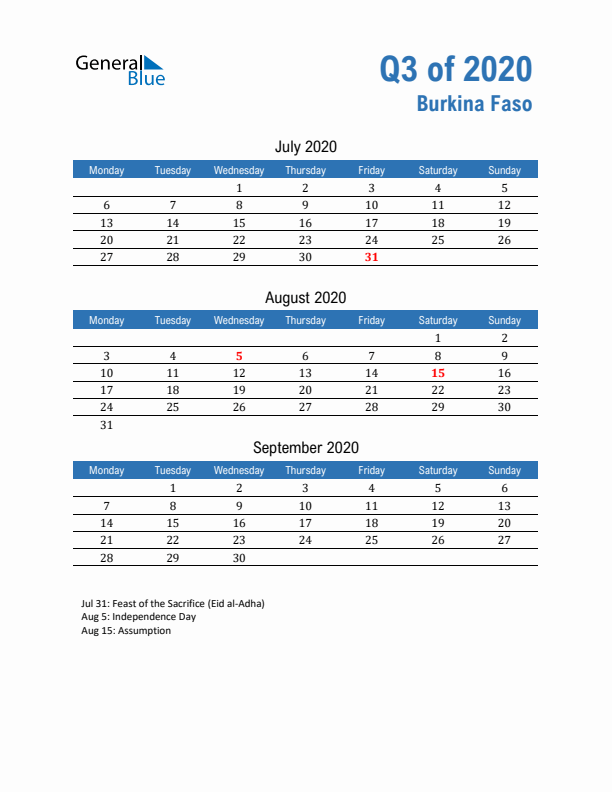 Burkina Faso 2020 Quarterly Calendar with Monday Start