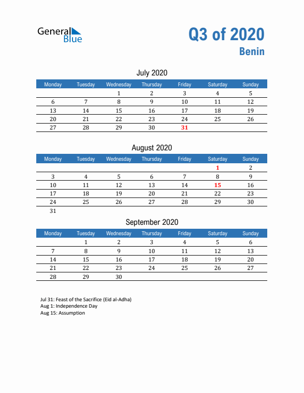 Benin 2020 Quarterly Calendar with Monday Start