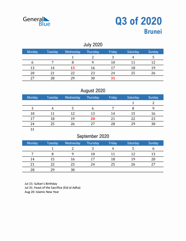Brunei 2020 Quarterly Calendar with Monday Start
