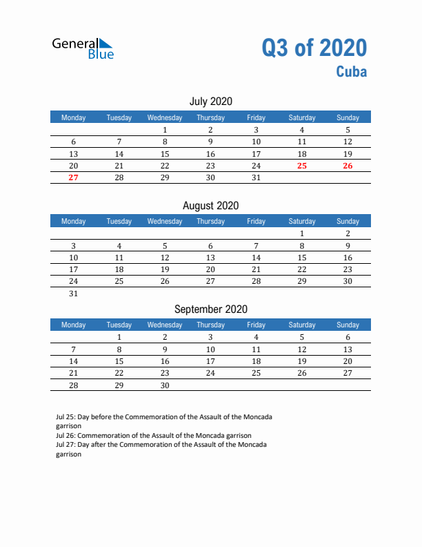 Cuba 2020 Quarterly Calendar with Monday Start