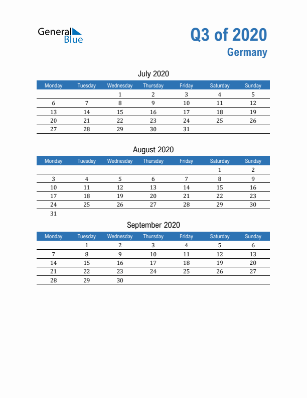 Germany 2020 Quarterly Calendar with Monday Start