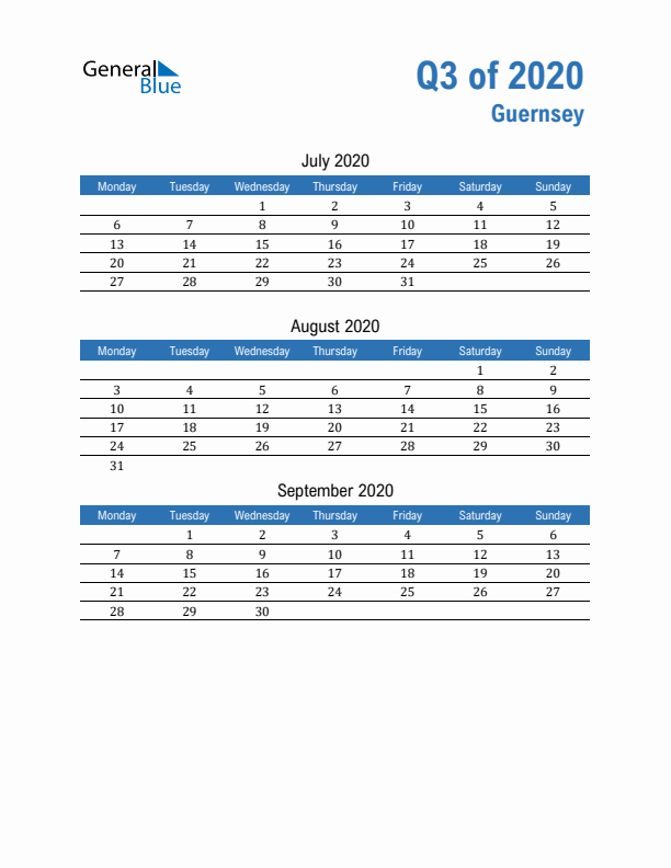 Guernsey 2020 Quarterly Calendar with Monday Start