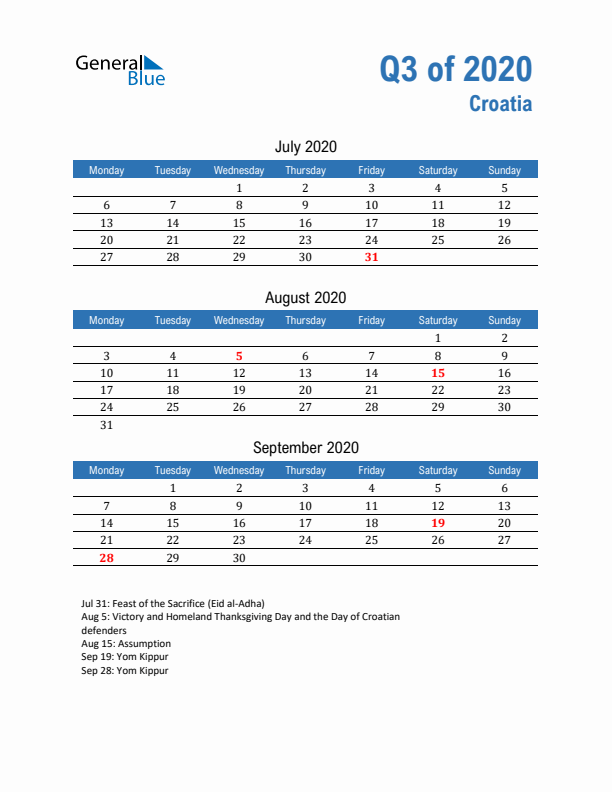 Croatia 2020 Quarterly Calendar with Monday Start