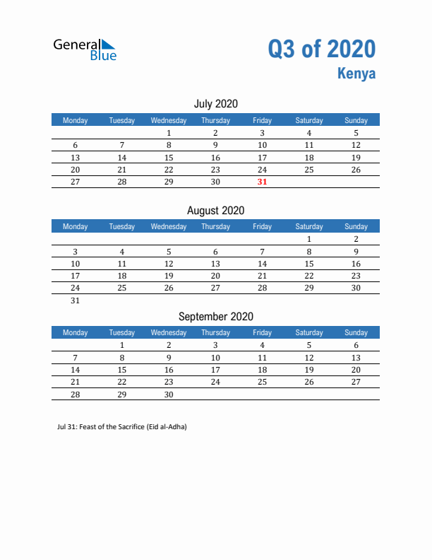 Kenya 2020 Quarterly Calendar with Monday Start