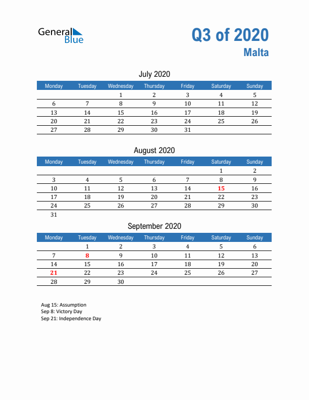 Malta 2020 Quarterly Calendar with Monday Start