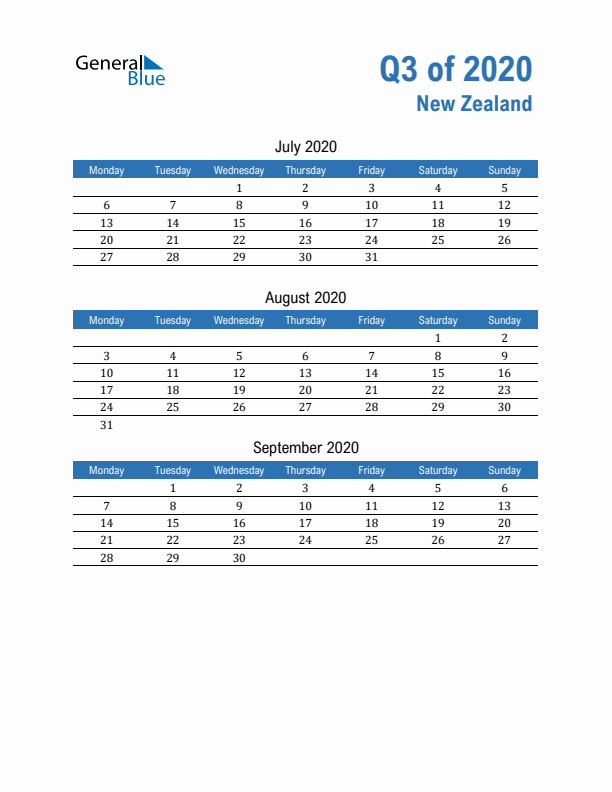 New Zealand 2020 Quarterly Calendar with Monday Start
