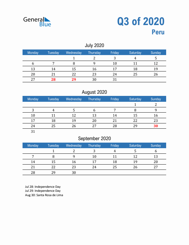 Peru 2020 Quarterly Calendar with Monday Start