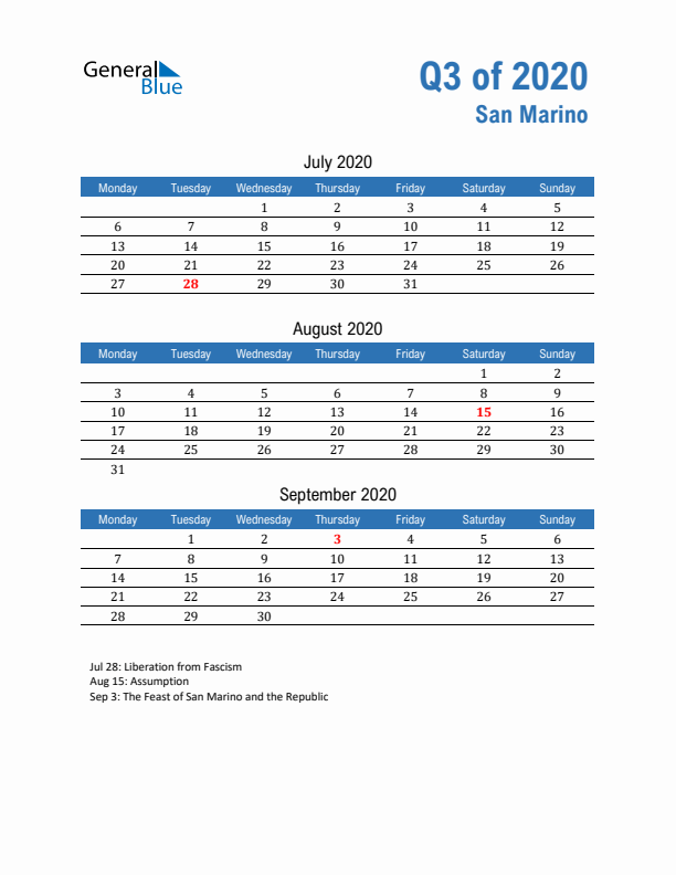 San Marino 2020 Quarterly Calendar with Monday Start