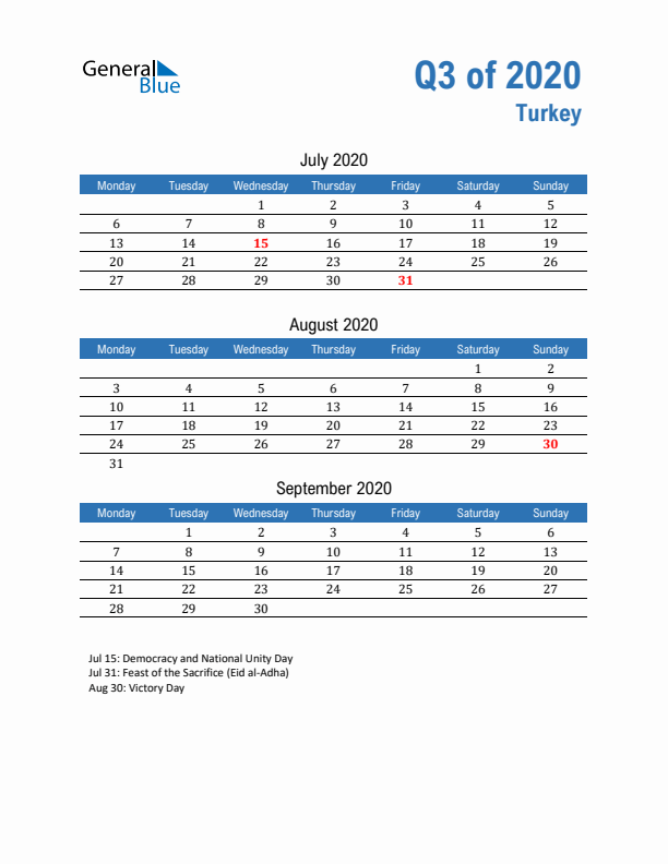 Turkey 2020 Quarterly Calendar with Monday Start
