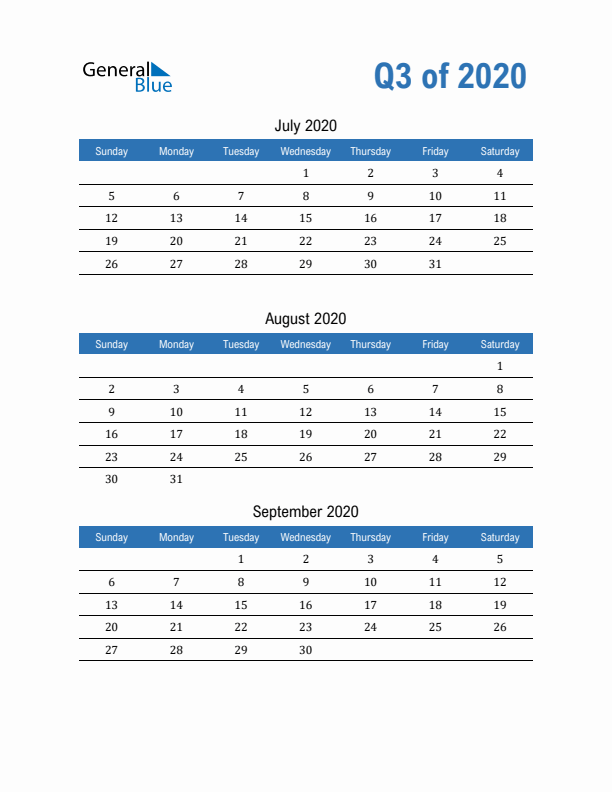 Fillable Quarterly Calendar for Q3 2020