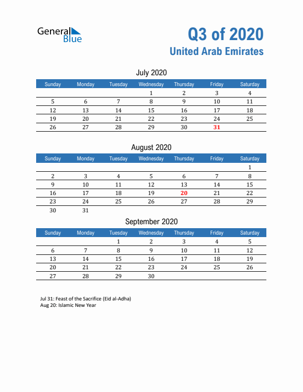 United Arab Emirates 2020 Quarterly Calendar with Sunday Start