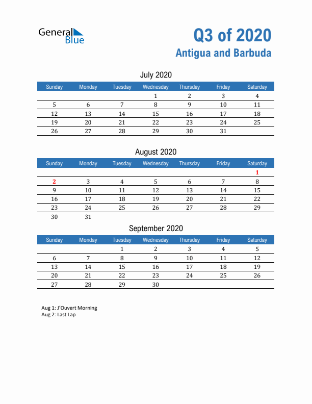 Antigua and Barbuda 2020 Quarterly Calendar with Sunday Start