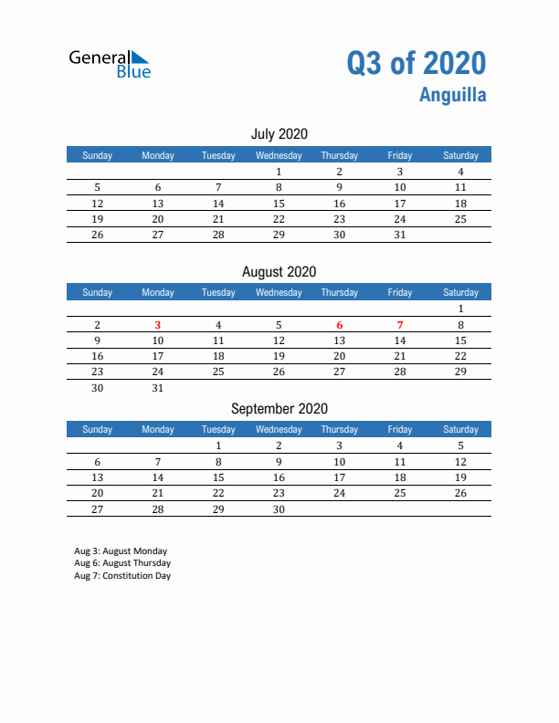 Anguilla 2020 Quarterly Calendar with Sunday Start