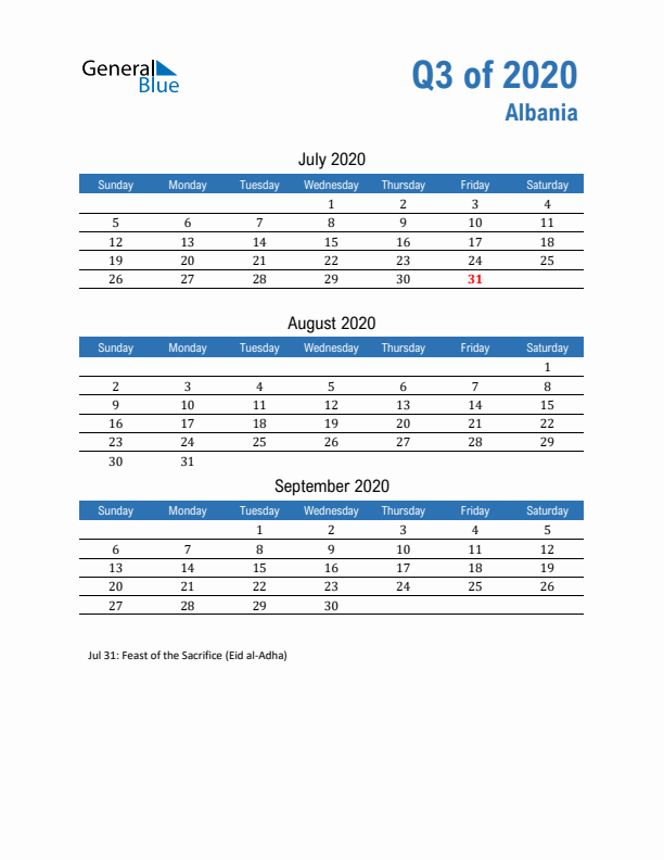 Albania 2020 Quarterly Calendar with Sunday Start