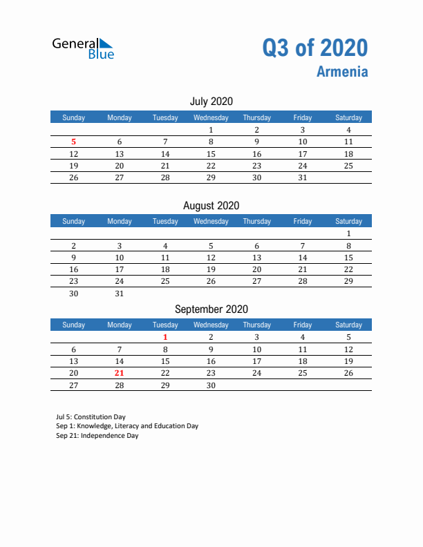 Armenia 2020 Quarterly Calendar with Sunday Start