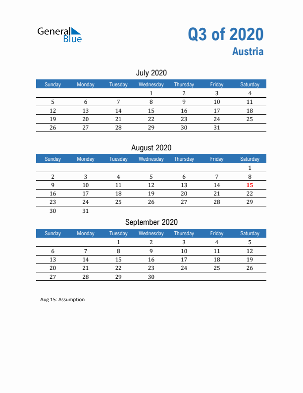Austria 2020 Quarterly Calendar with Sunday Start