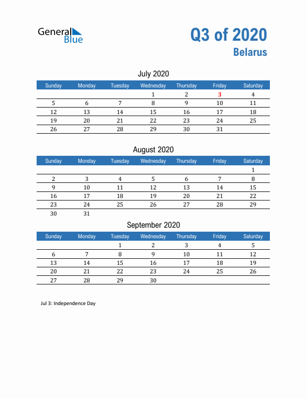 Belarus 2020 Quarterly Calendar with Sunday Start