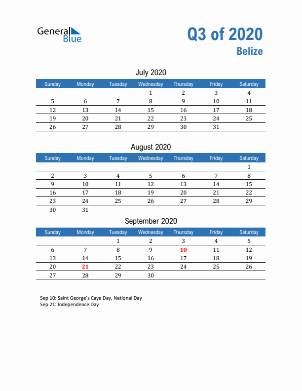 Belize 2020 Quarterly Calendar with Sunday Start
